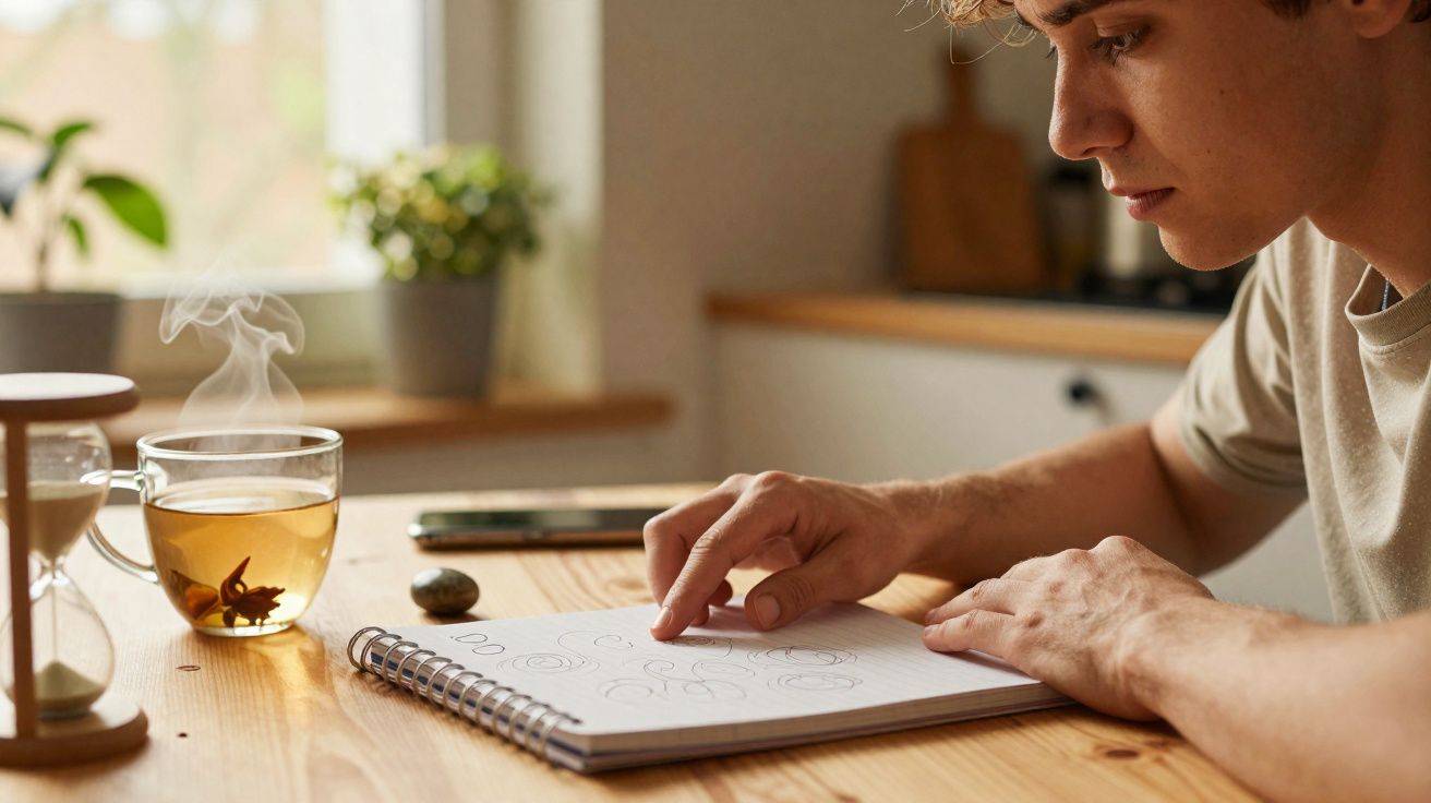 Pessoa a desenhar padrões circulares num caderno em mesa de madeira com chá quente a vaporizar.