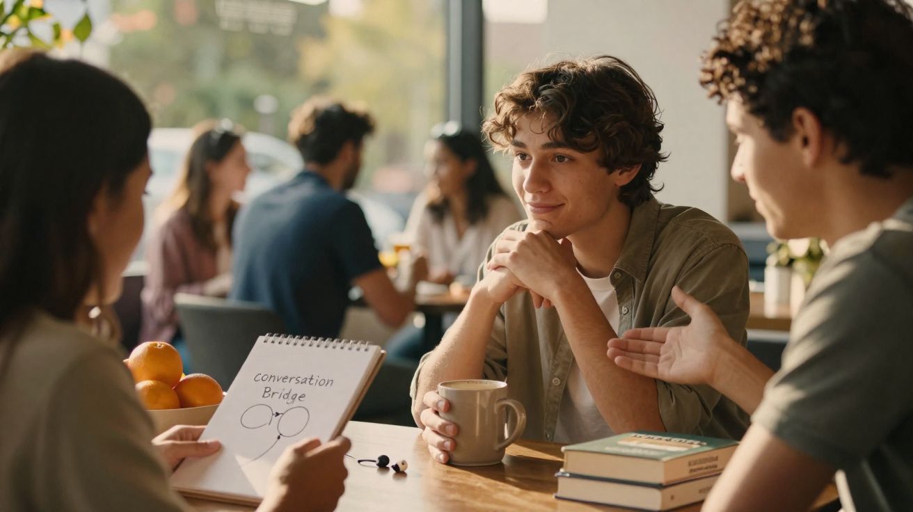 Jovens sentados numa mesa de café, a conversar, com cadernos e livros à frente.