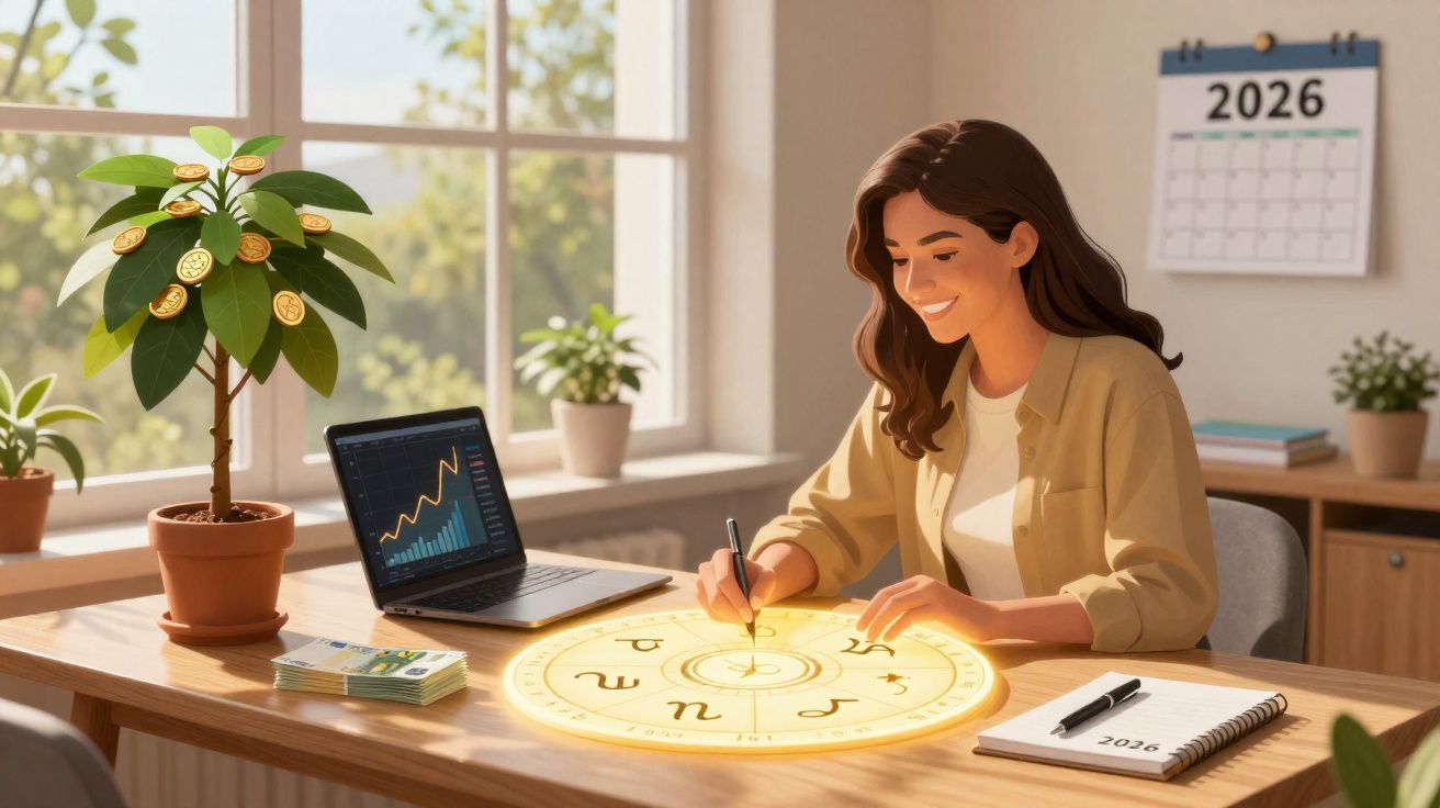 Mulher a desenhar símbolos astrológicos à luz do sol numa mesa com computador e planta decorativa.