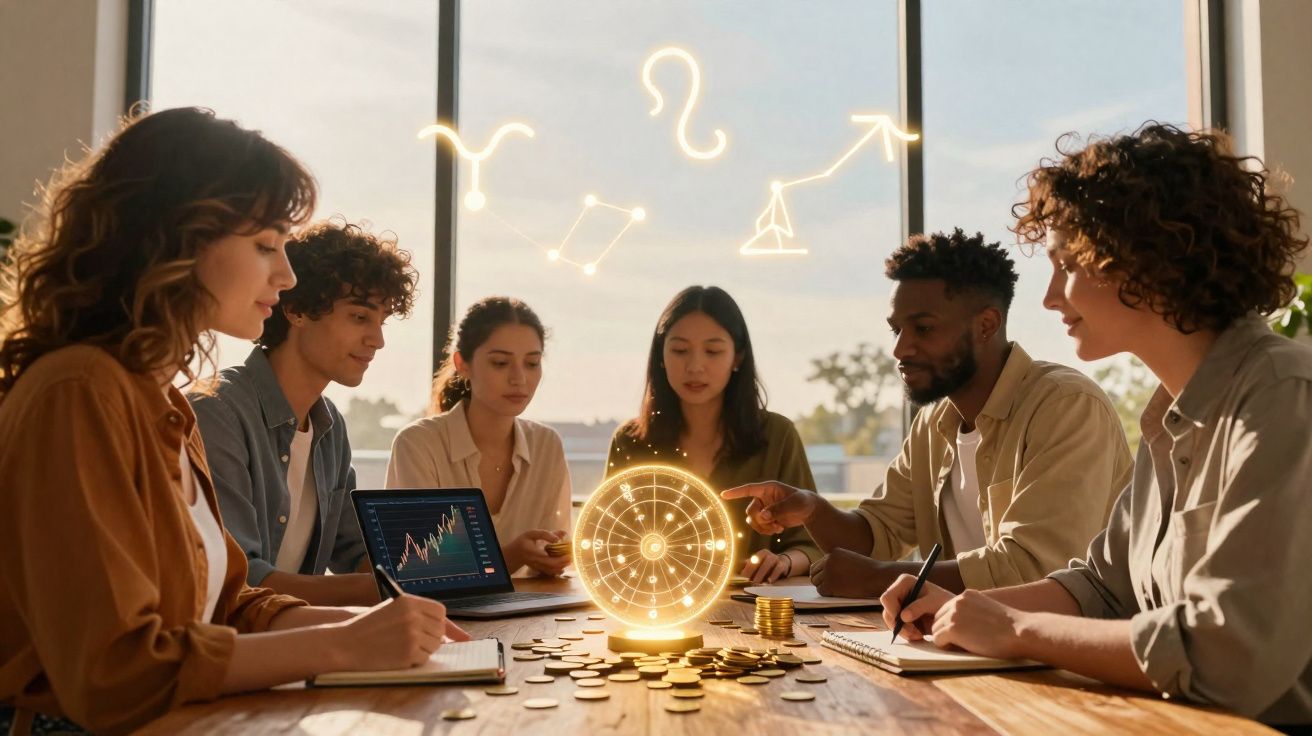 Grupo multicultural reunido em volta de mesa com gráficos, moedas e símbolos astrológicos em holograma.