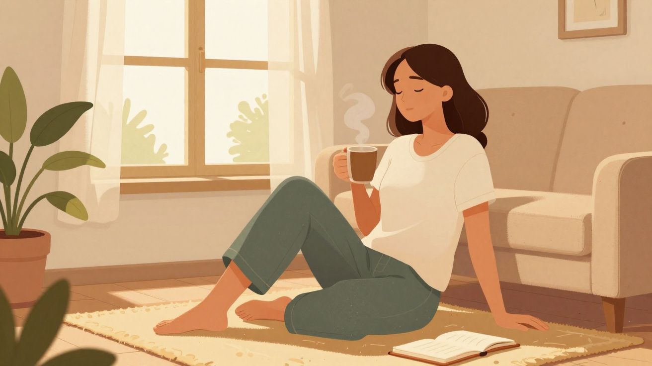 Mulher sentada no chão da sala, relaxando com uma bebida quente e um livro aberto ao lado.