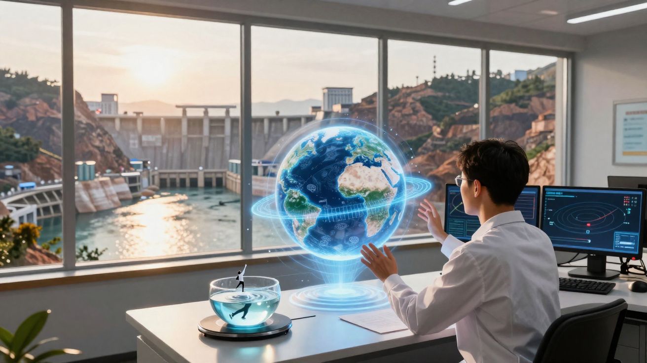 Homem a interagir com globo terrestre holográfico num escritório com vista para represa e colinas rochosas.