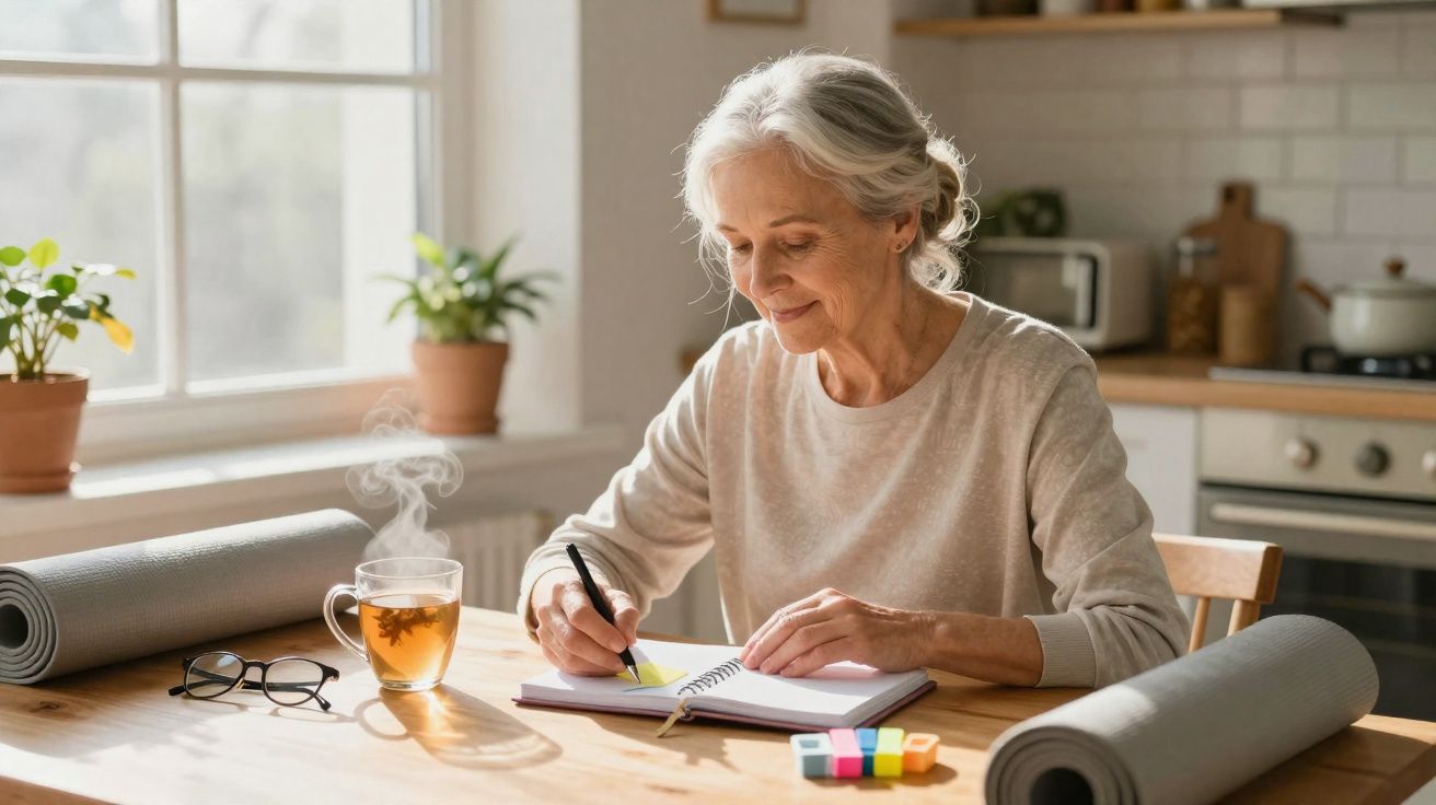 Mulher sénior a escrever numa agenda numa cozinha iluminada, com chá quente e tapetes de yoga na mesa.