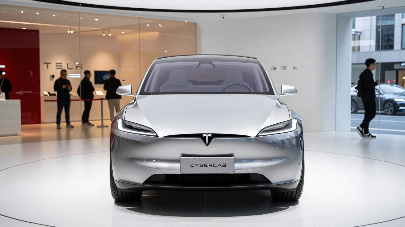 Carro elétrico Tesla Cybercab prateado exibido no interior de showroom com pessoas ao fundo.