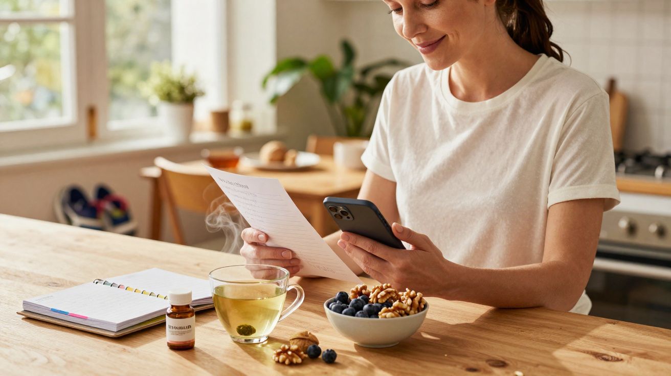 Mulher numa cozinha, a ler papel e usar telemóvel, com chá, frutos secos e mirtilos numa tigela à frente.