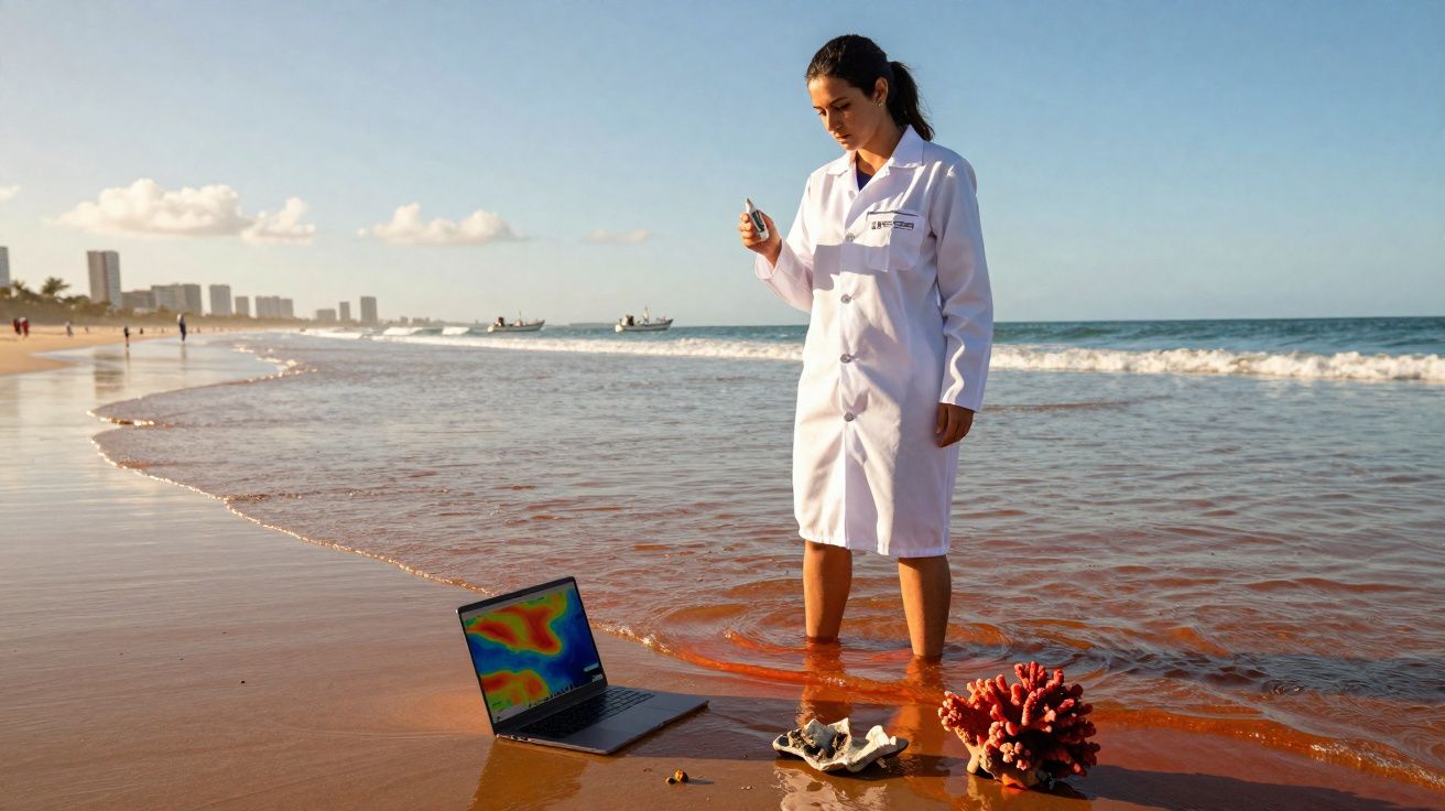 Mulher com bata branca faz análise científica junto ao mar, com portátil, conchas e coral na água.