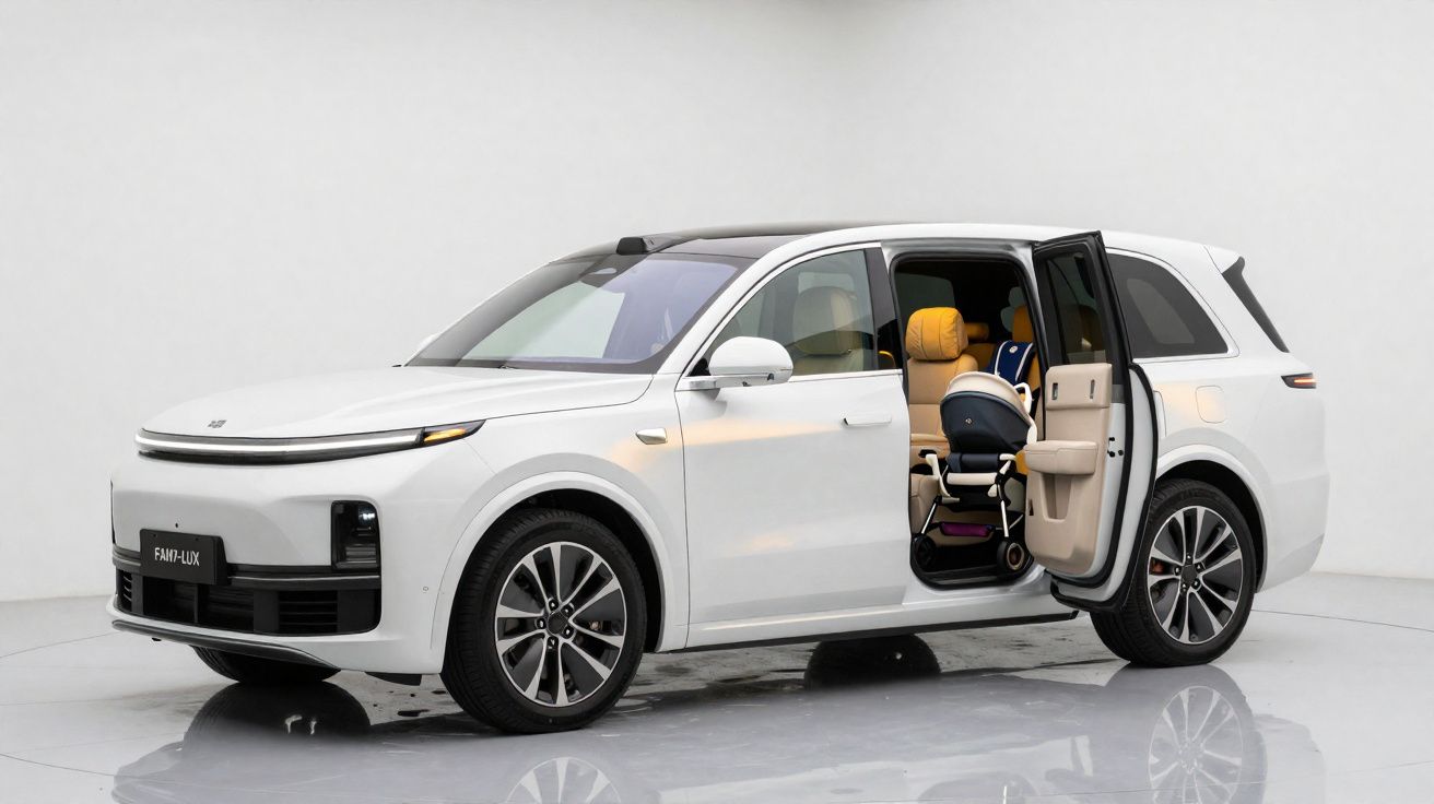 SUV branco com porta traseira aberta mostrando interior bege e carrinho de bebé no banco traseiro.