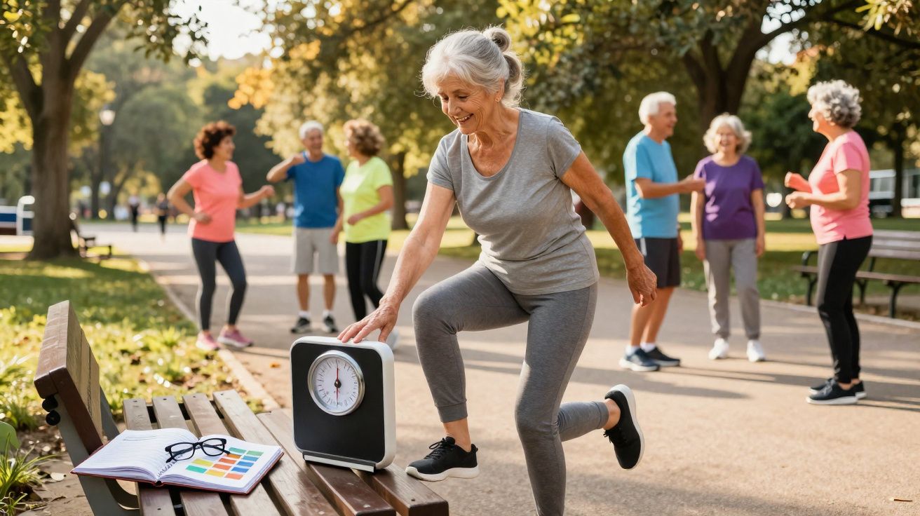 Idosa a fazer exercício ao ar livre num parque com grupo de pessoas mais velhas ao fundo.