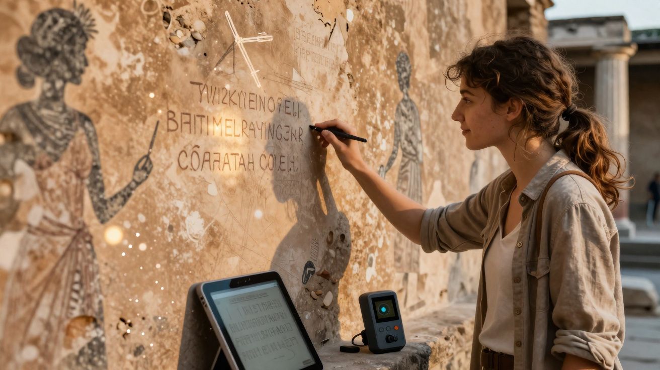 Mulher a estudar inscrições antigas numa parede com tablet e equipamento eletrónico ao lado.