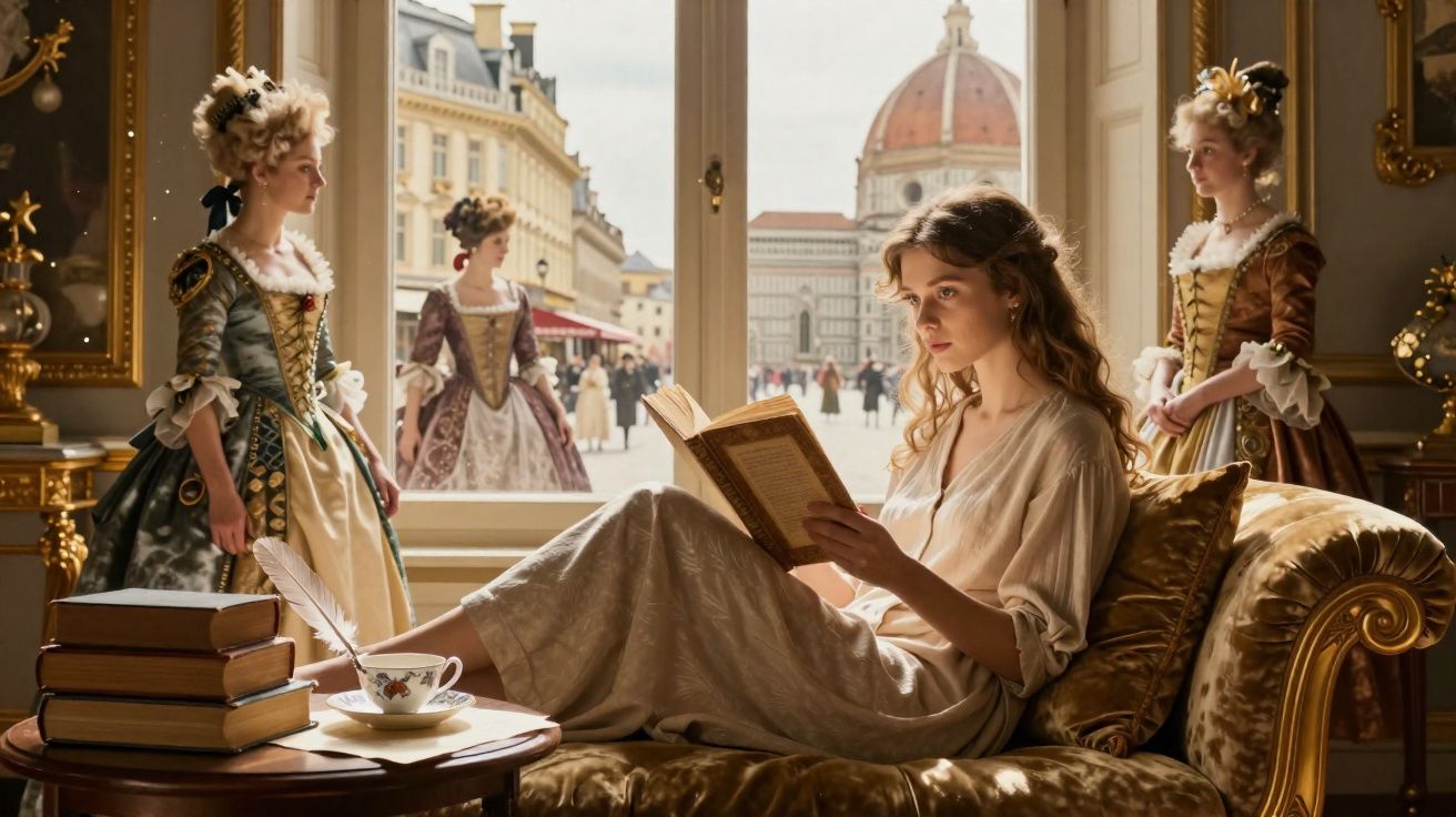Jovem a ler num sofá antigo, com mulheres vestidas à moda renascentista e vista para cúpula histórica.