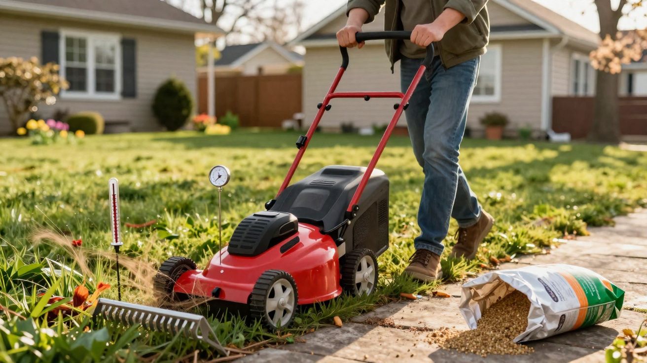 Pessoa a cortar relva com corta-relva vermelho num jardim de casa com saco de fertilizante no chão.