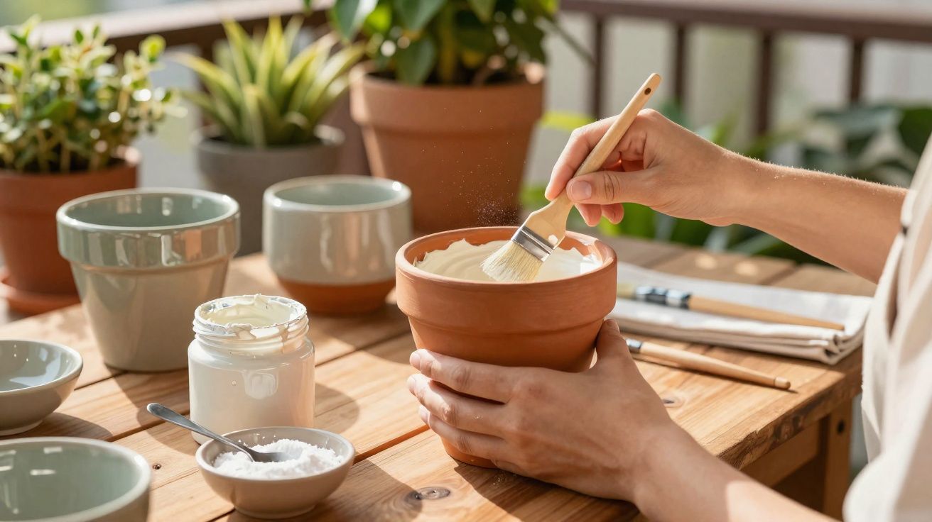 Pessoa a pintar um vaso de barro com tinta branca num ambiente com plantas e luz natural.