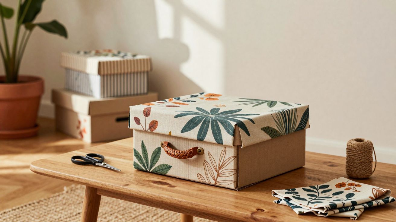 Caixa decorativa com padrão de folhas sobre mesa de madeira, com tesoura, fio e tecido estampado.