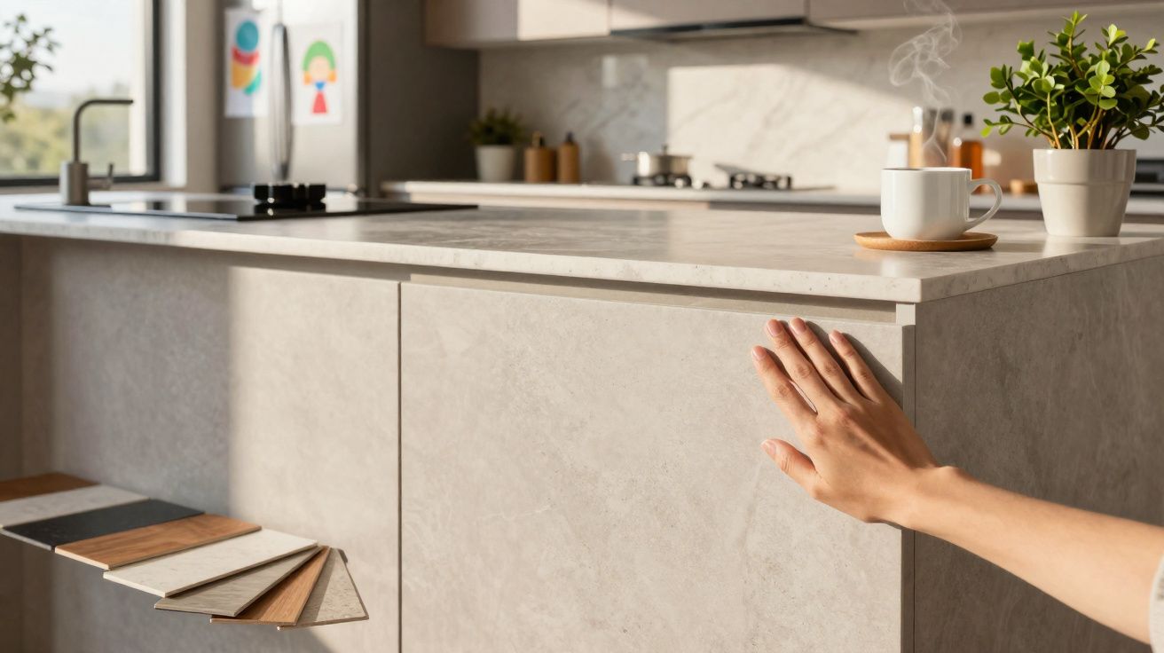 Mão feminina a tocar numa bancada cinzenta numa cozinha moderna com planta e chávena de chá quente.