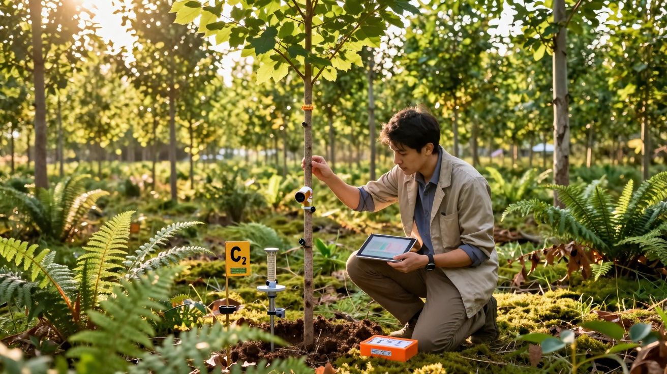 Homem com tablet a medir crescimento de árvore numa floresta ensolarada com vegetação abundante.