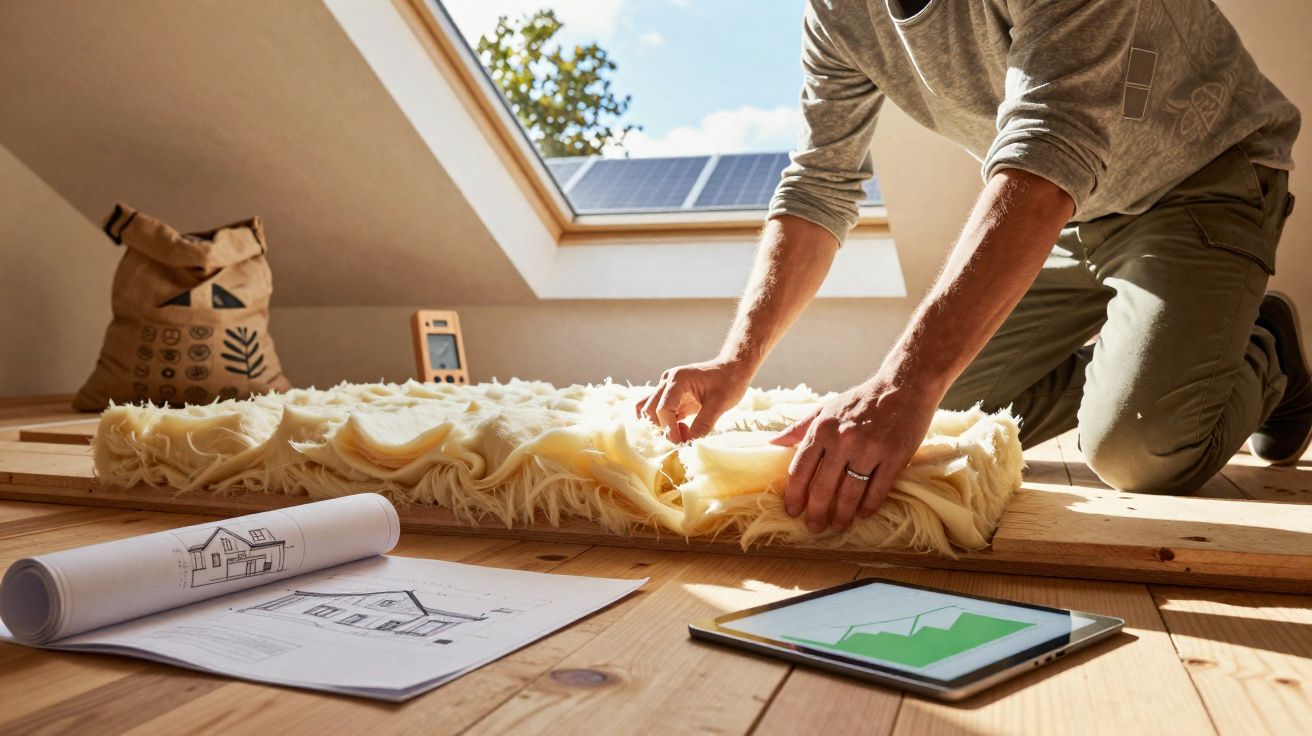 Pessoa a instalar isolamento térmico num sótão com luz natural, perto de planta e tablet.