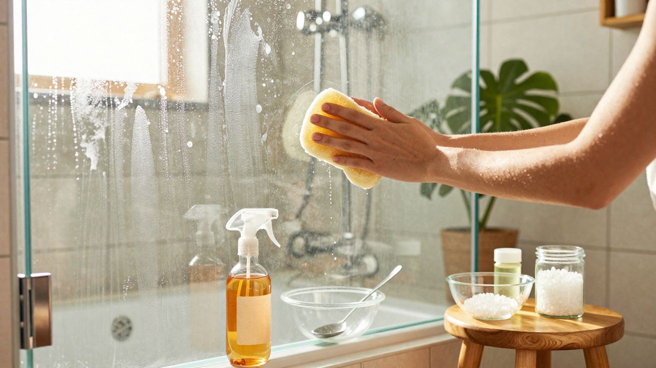 Pessoa a limpar um espelho de casa de banho com uma esponja amarela e produtos de limpeza à frente.