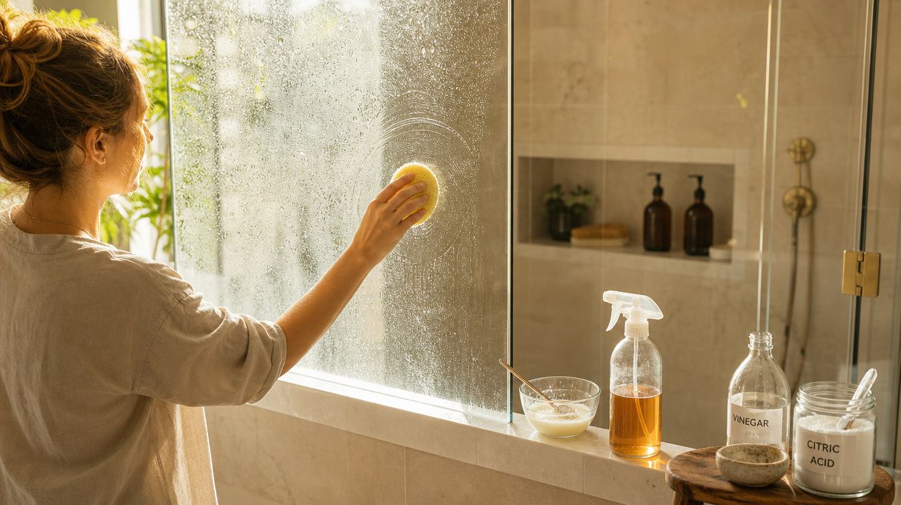 Mulher a limpar um vidro de casa de banho com esponja, ao lado de produtos de limpeza naturais.