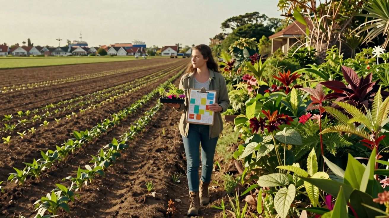 Mulher jovem com plantas e prancheta caminha entre culturas e plantas num campo agrícola ao entardecer.