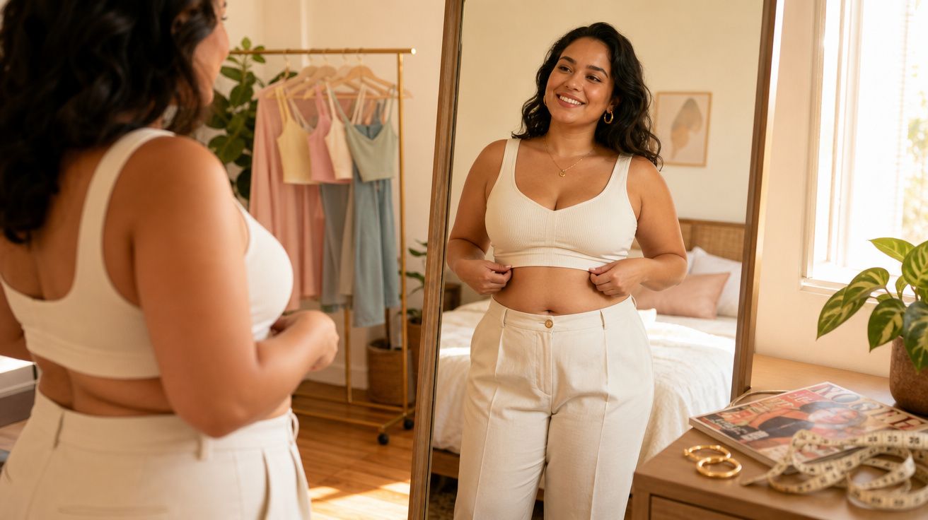 Mulher sorridente veste roupa clara e olha para si mesma num espelho num quarto iluminado e organizado.