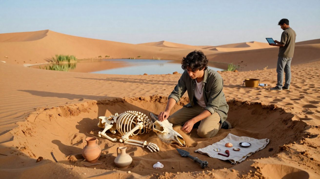 Dois arqueólogos a escavar e estudar um esqueleto animal no deserto junto a objetos e um lago.