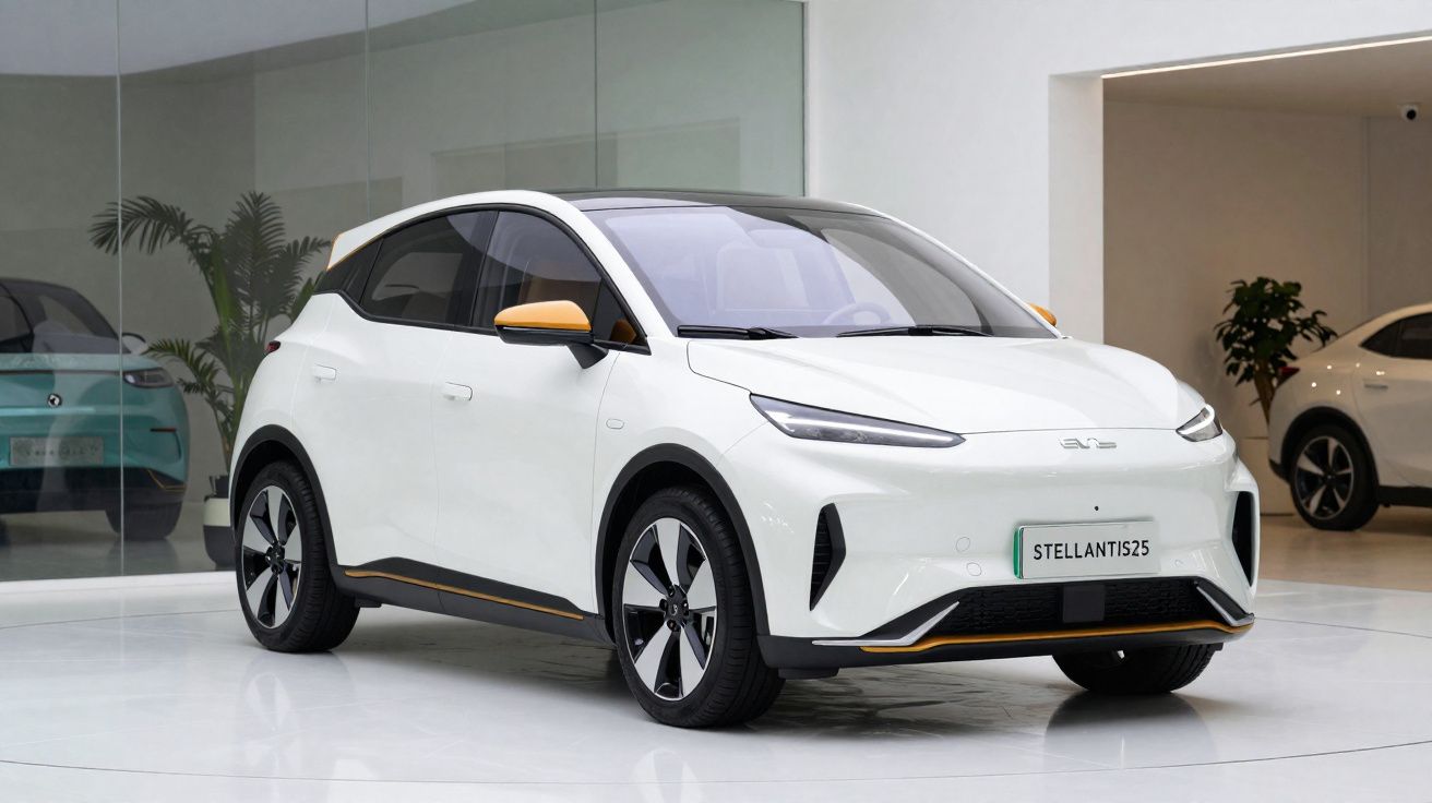 Carro elétrico compacto branco com detalhes em laranja em salão moderno com chão branco.