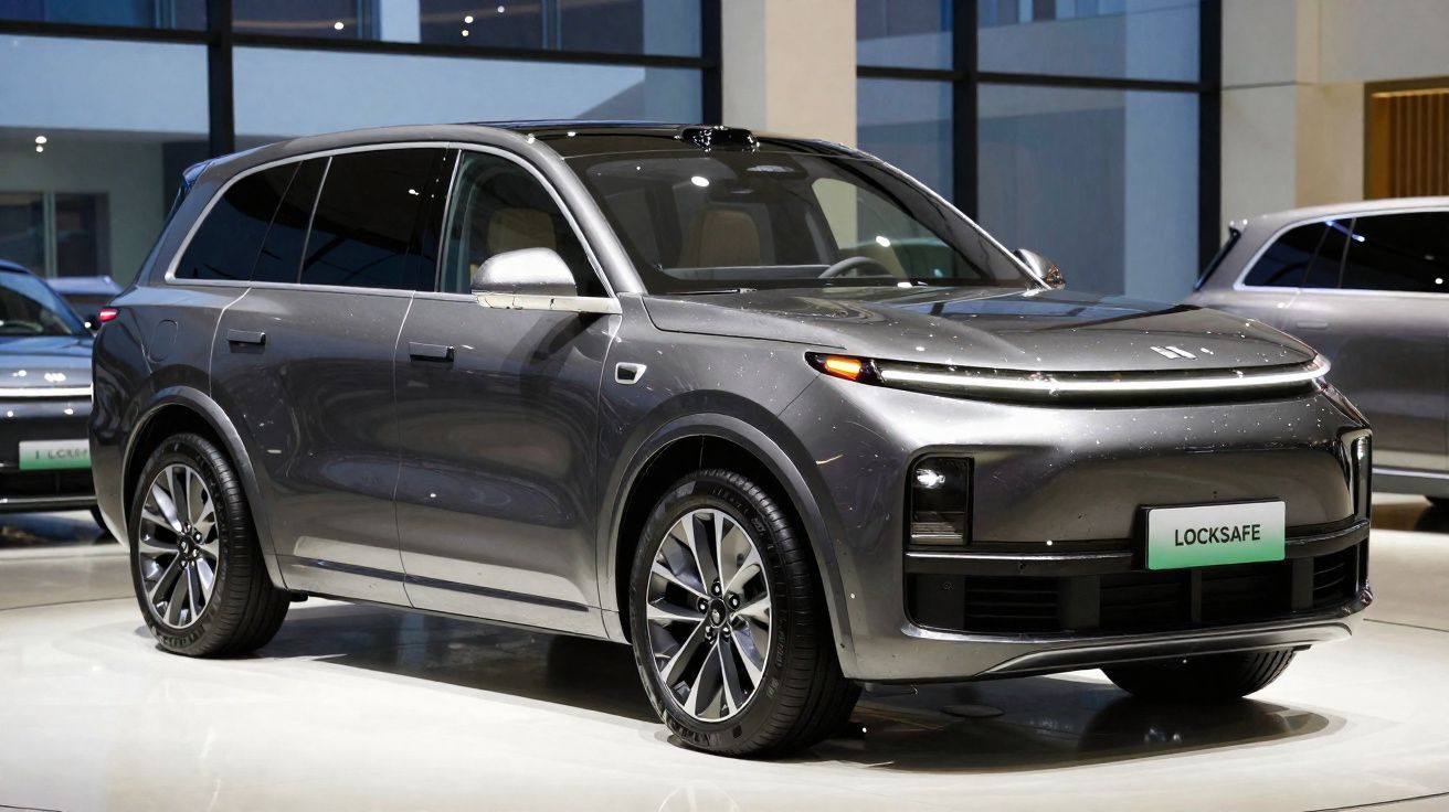 SUV elétrico cinza estacionado num interior moderno com janelas grandes e iluminação suave.