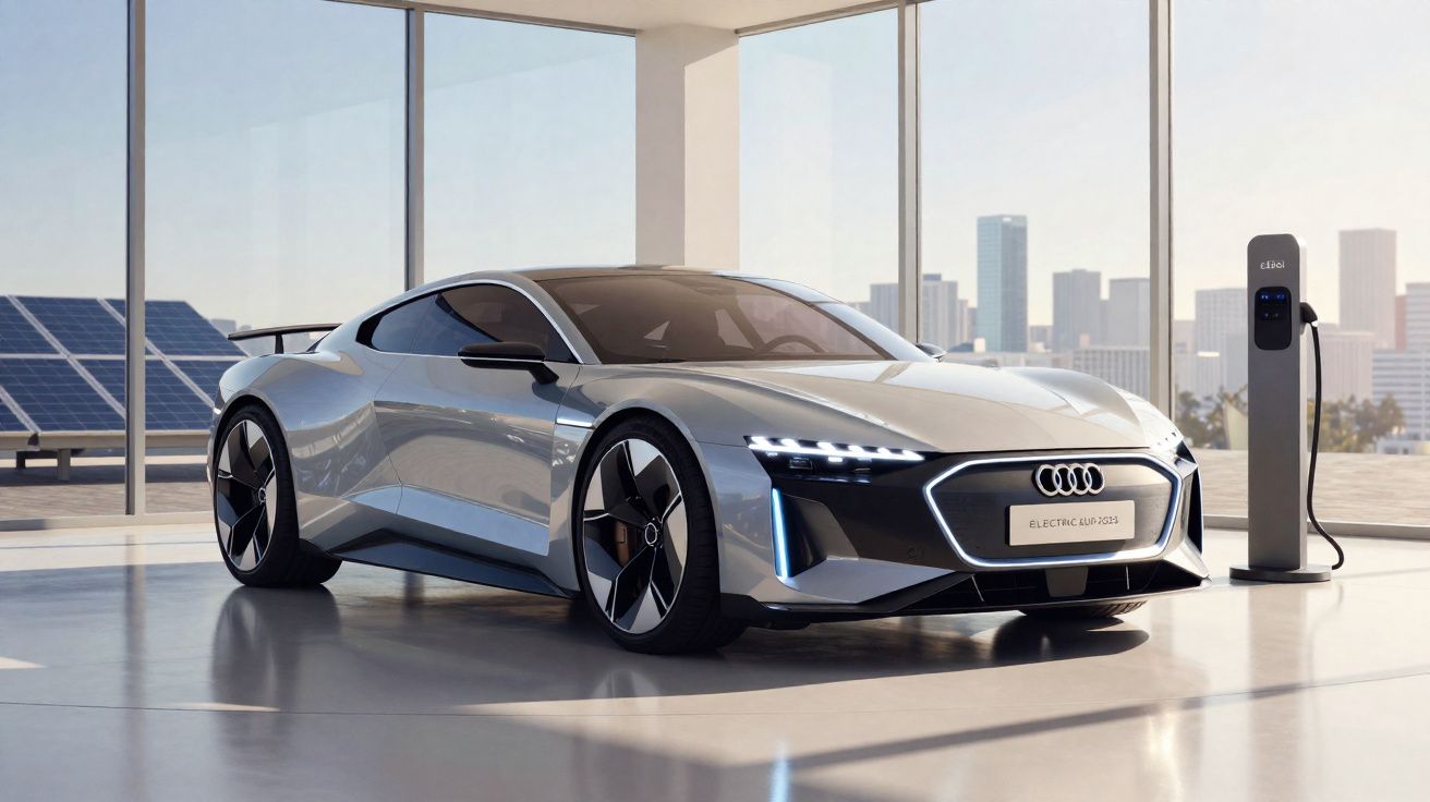 Carro desportivo elétrico Audi a carregar numa estação com painéis solares e vista para a cidade ao fundo.