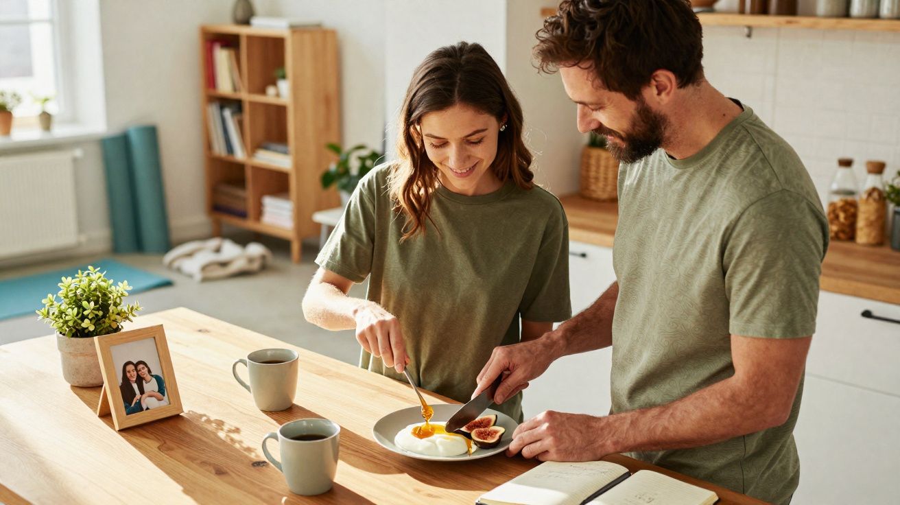 Casal prepara pequeno-almoço juntos numa cozinha luminosa, com ovo e figos cortados numa mesa de madeira.