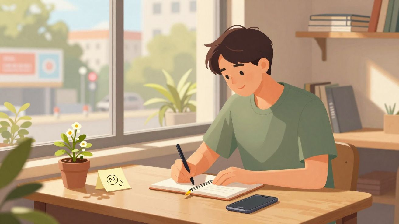 Jovem a escrever num caderno numa mesa junto à janela com plantas e telemóvel ao lado.