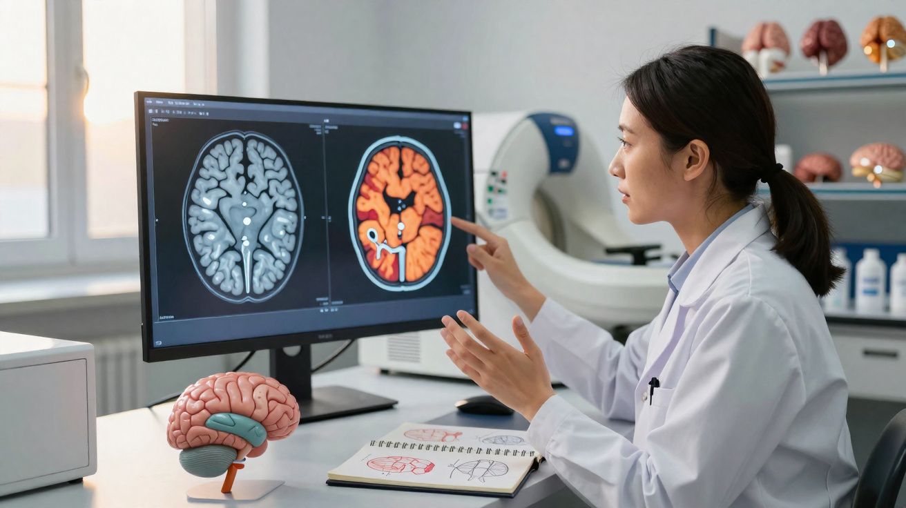 Médica analisando imagens de ressonância magnética do cérebro em computador e modelo anatómico ao lado.
