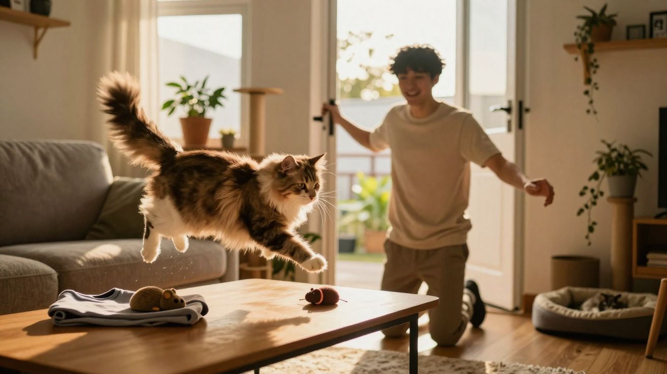 Gato a saltar para cima da mesa de centro enquanto homem sorridente observa na sala iluminada.