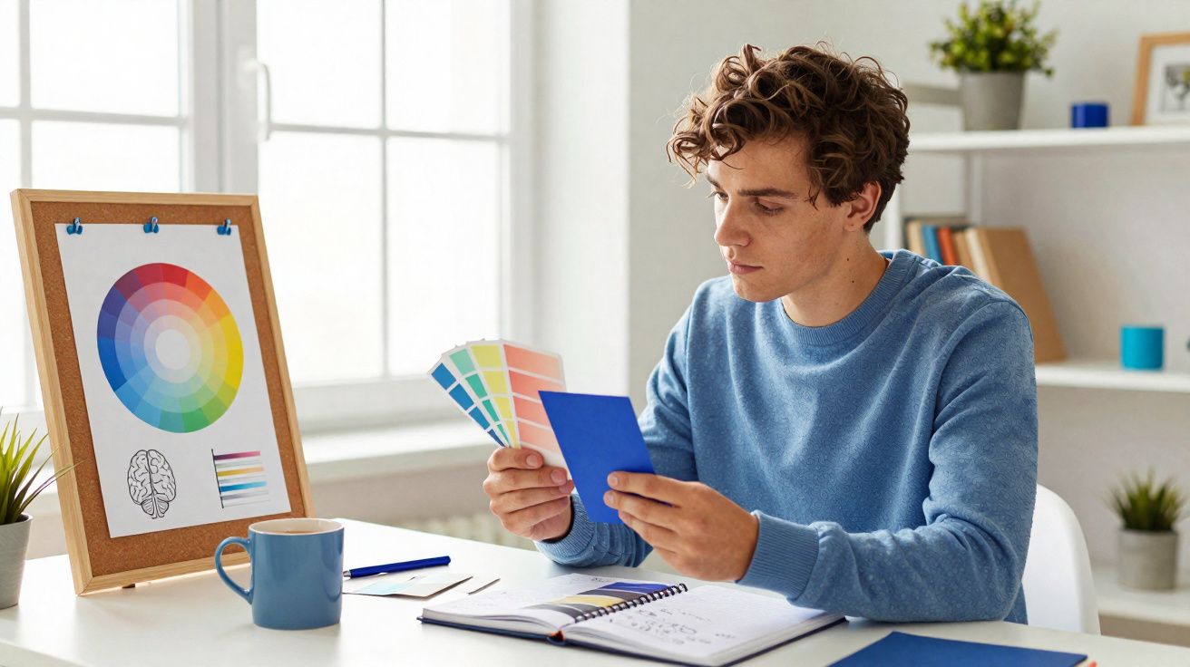Jovem a analisar amostras de cores junto a roda de cores e caderno num ambiente de trabalho luminoso.