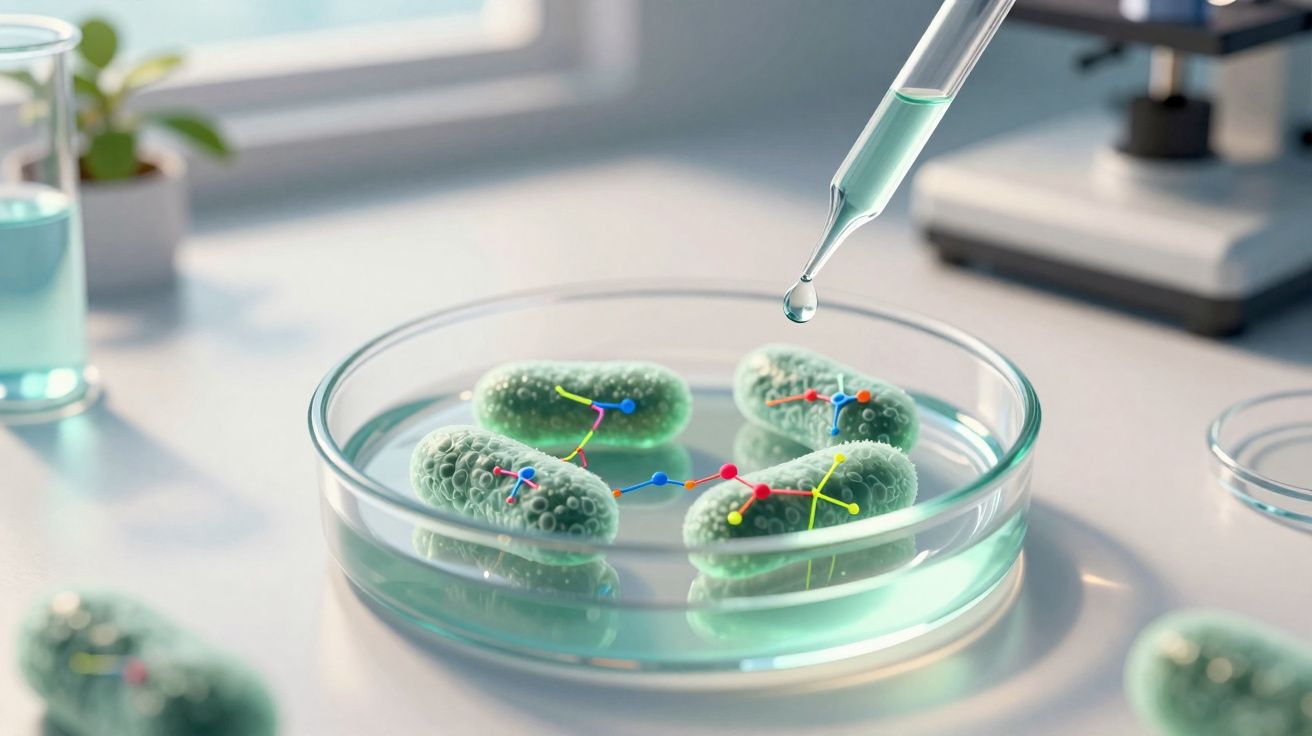 Pipeta a gotear líquido sobre bactéria em lâmina de petri num laboratório com microscópio ao fundo.