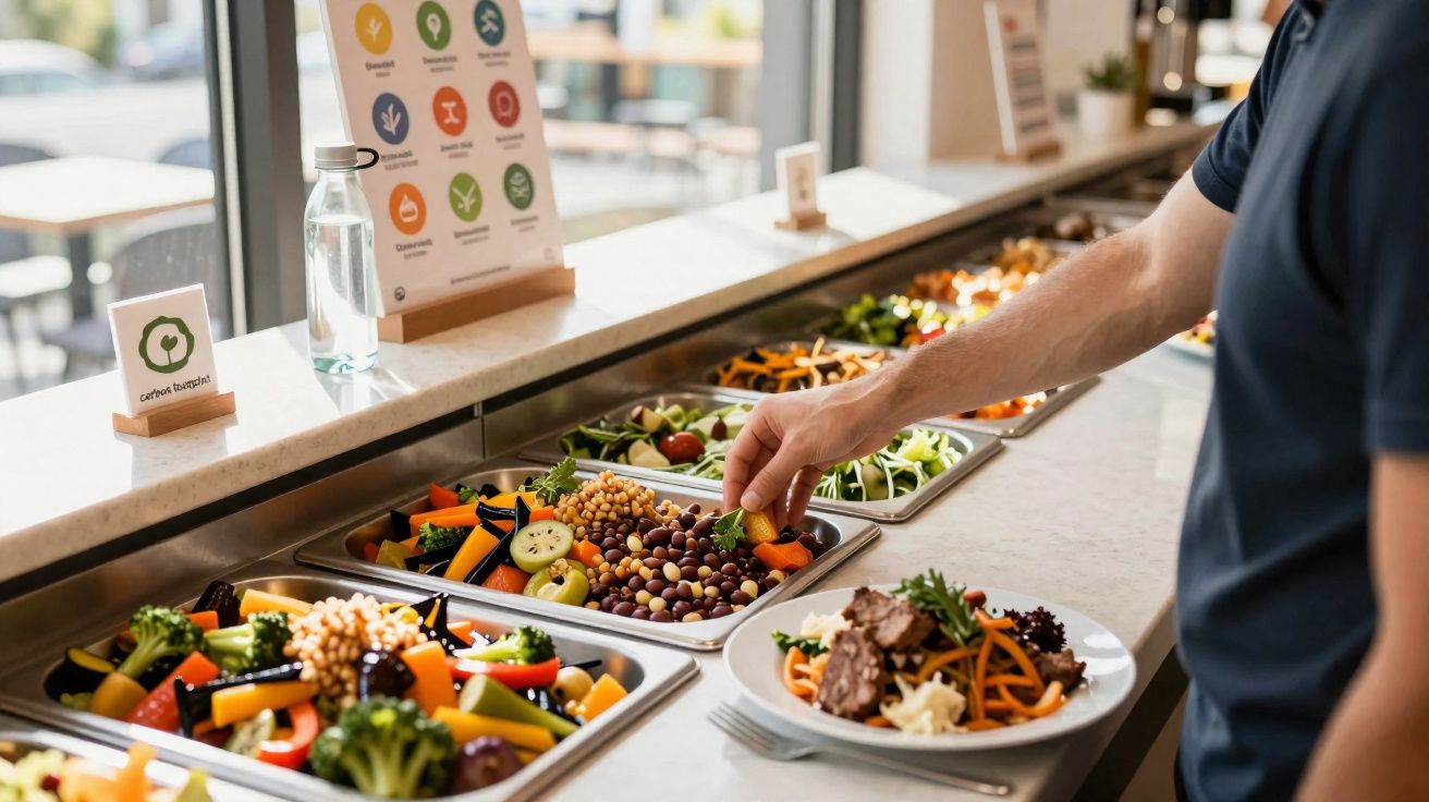 Pessoa a servir-se de salada fresca num buffet com várias opções saudáveis e coloridas.