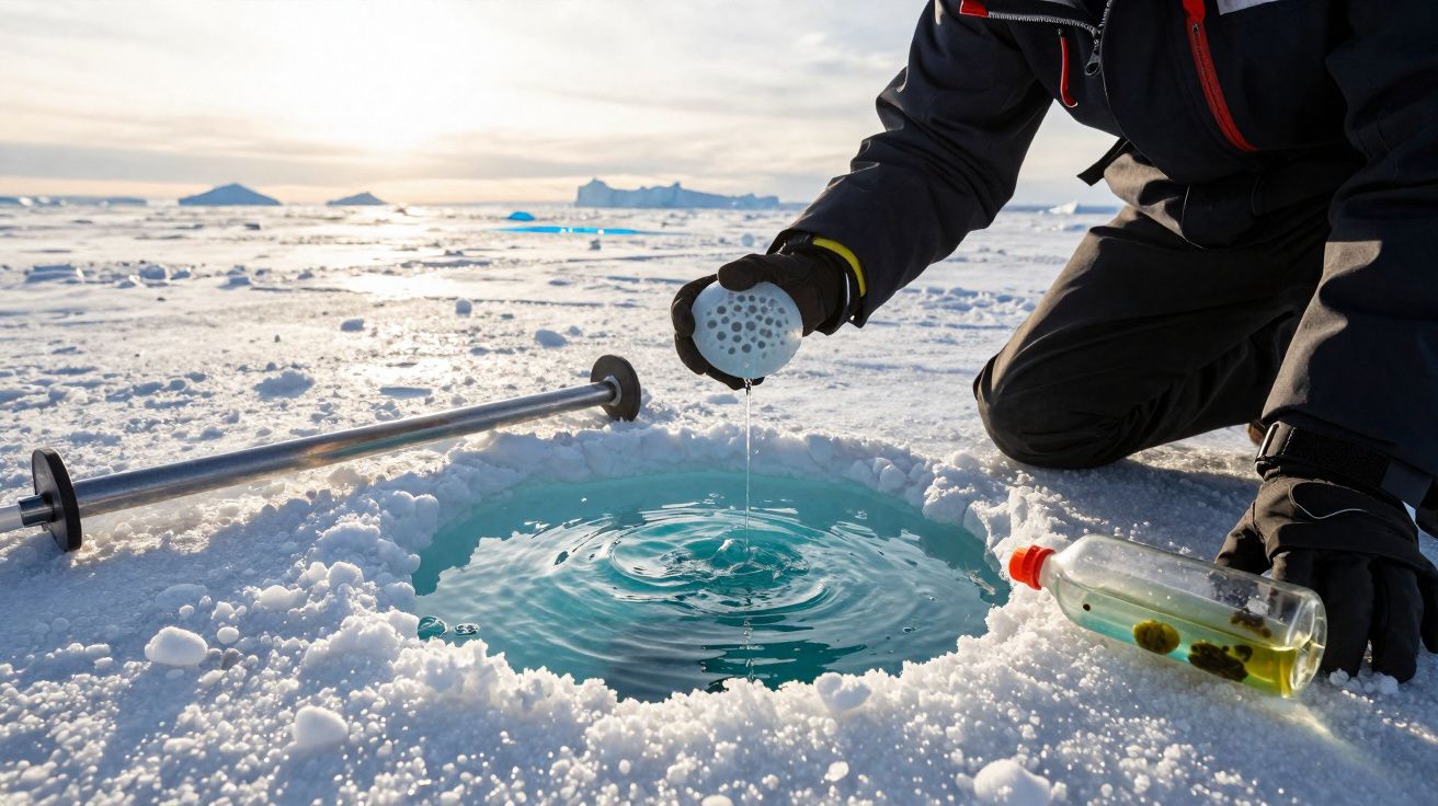 Pessoa em roupa de frio coleta amostra de água em buraco no gelo congelado numa paisagem polar.