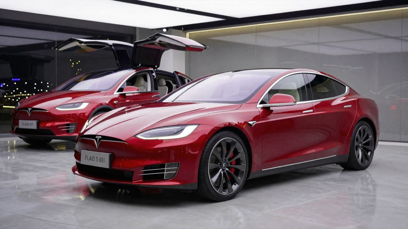 Dois carros Tesla vermelhos num showroom moderno, um modelo sedan à frente e um SUV com portas abertas atrás.
