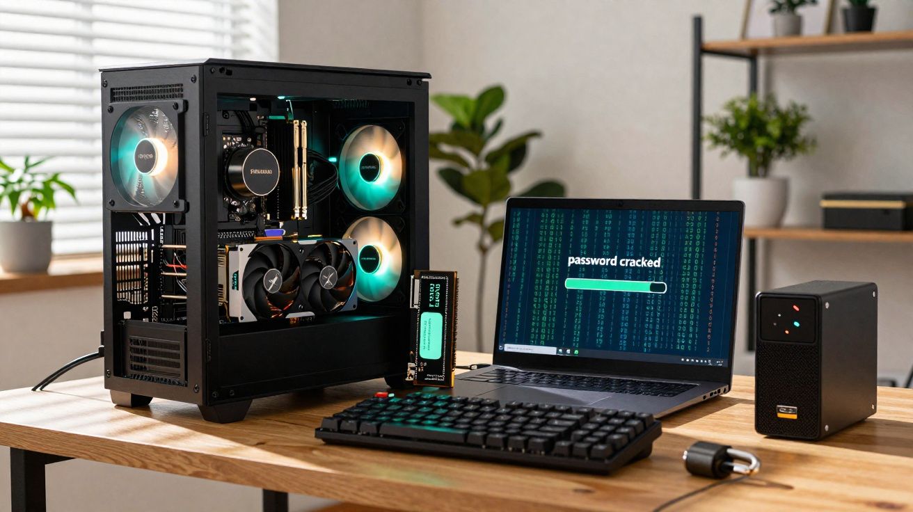 Computador de secretária com ventoinhas RGB, portátil com ecrã a mostrar "password cracked" e teclado mecânico num escritório