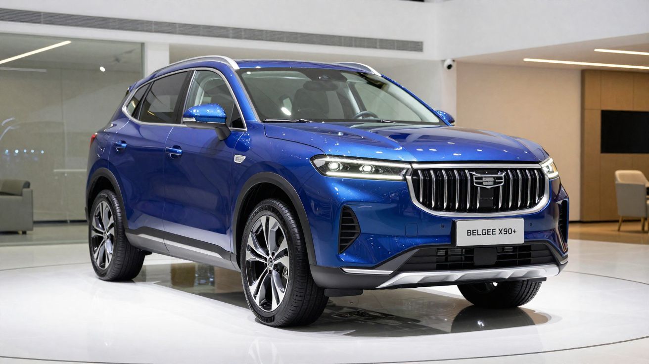 Carro SUV azul metálico Belgee X90+ estacionado em exposição interior moderna.