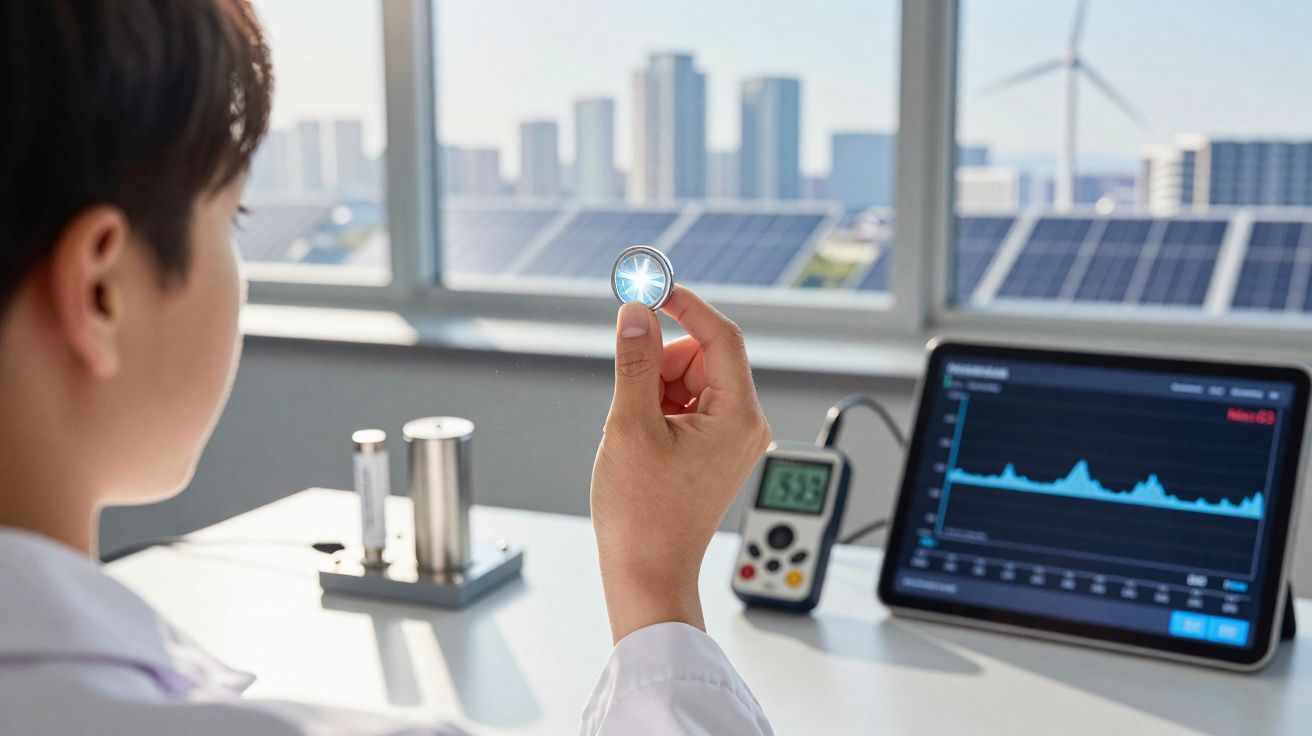 Pessoa a analisar célula solar num laboratório com painéis solares e gráfico em ecrã digital ao fundo.