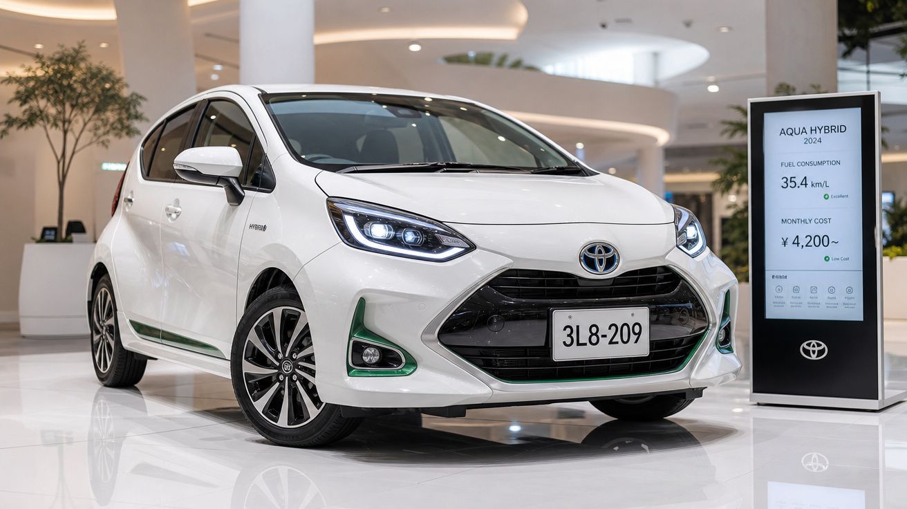 Carro Toyota Aqua Hybrid branco de 2024 exposto em ambiente moderno com painel informativo ao lado.