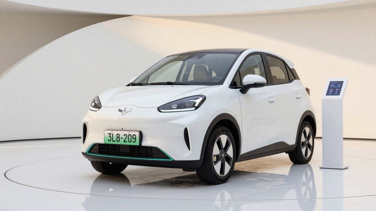 Carro elétrico branco com detalhes verdes exposto numa sala minimalista e moderna.