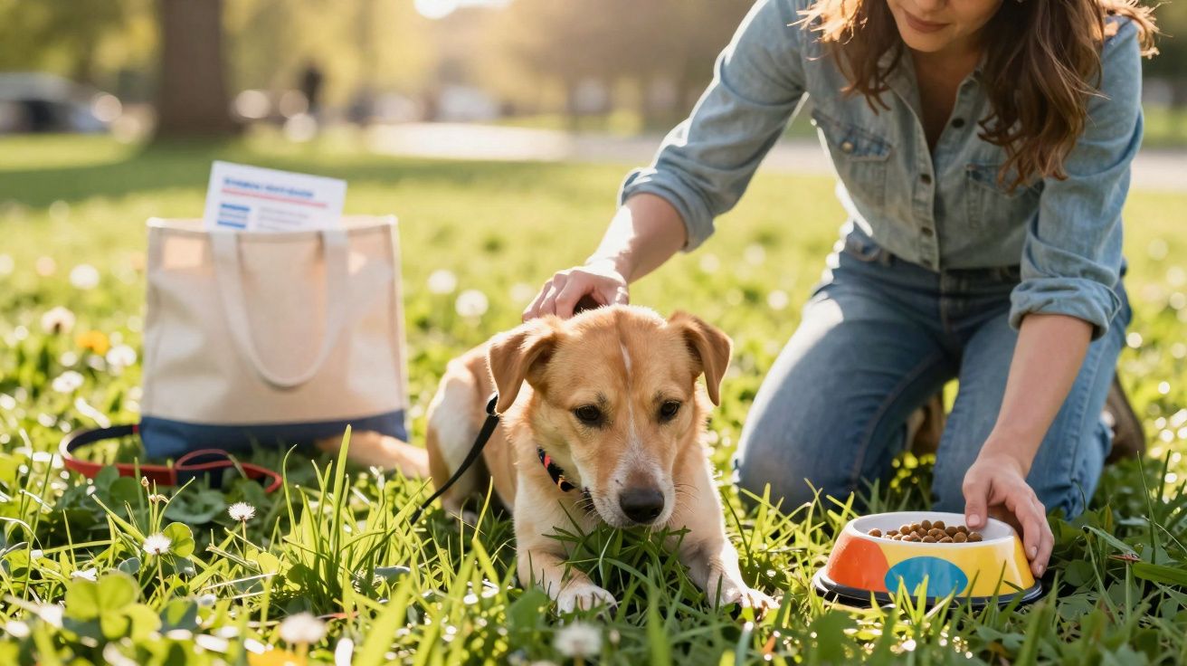 Mulher alimenta cão com ração numa taça colorida num parque ensolarado com relva e flores.