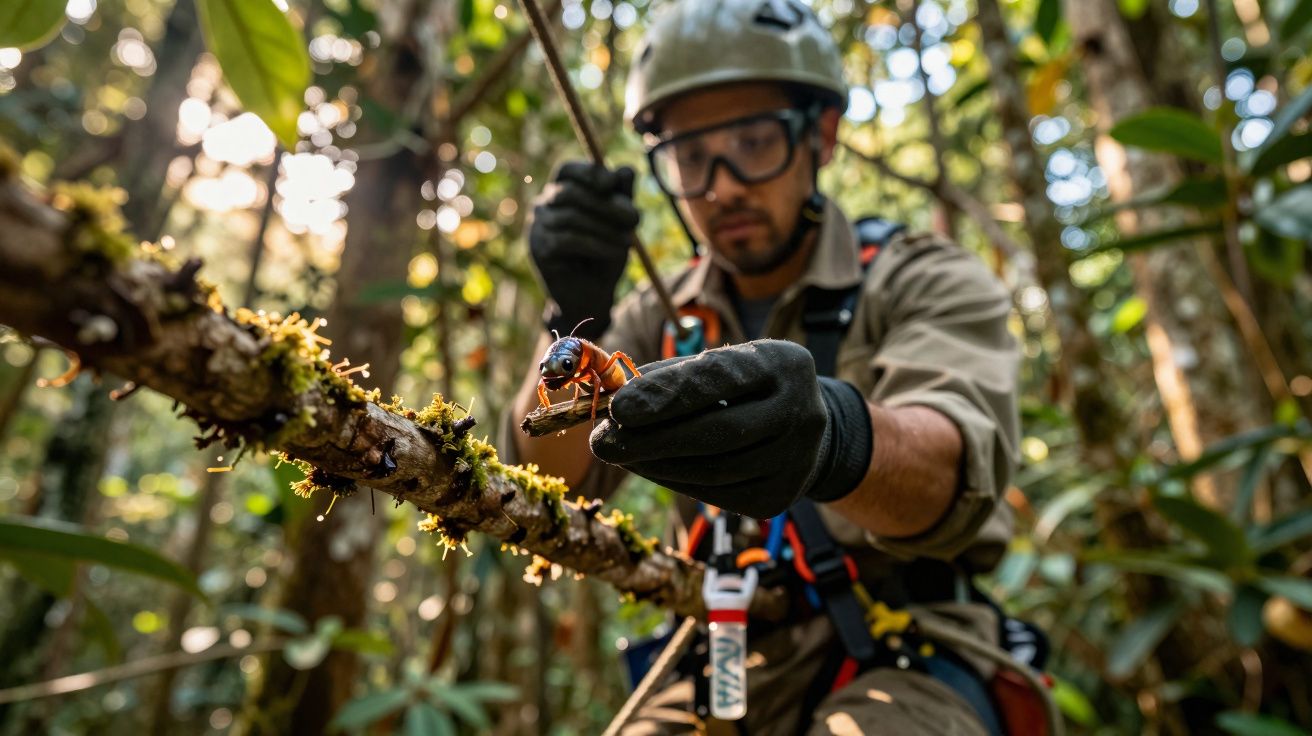 Especialista em proteção ambiental observa de perto vespa gigante numa floresta densa.