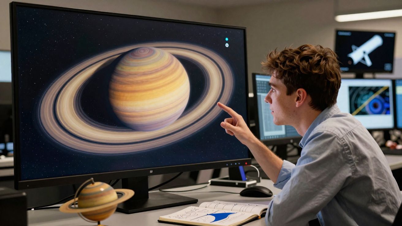 Jovem observa e aponta para imagem do planeta Saturno com anéis num ecrã de computador num laboratório.