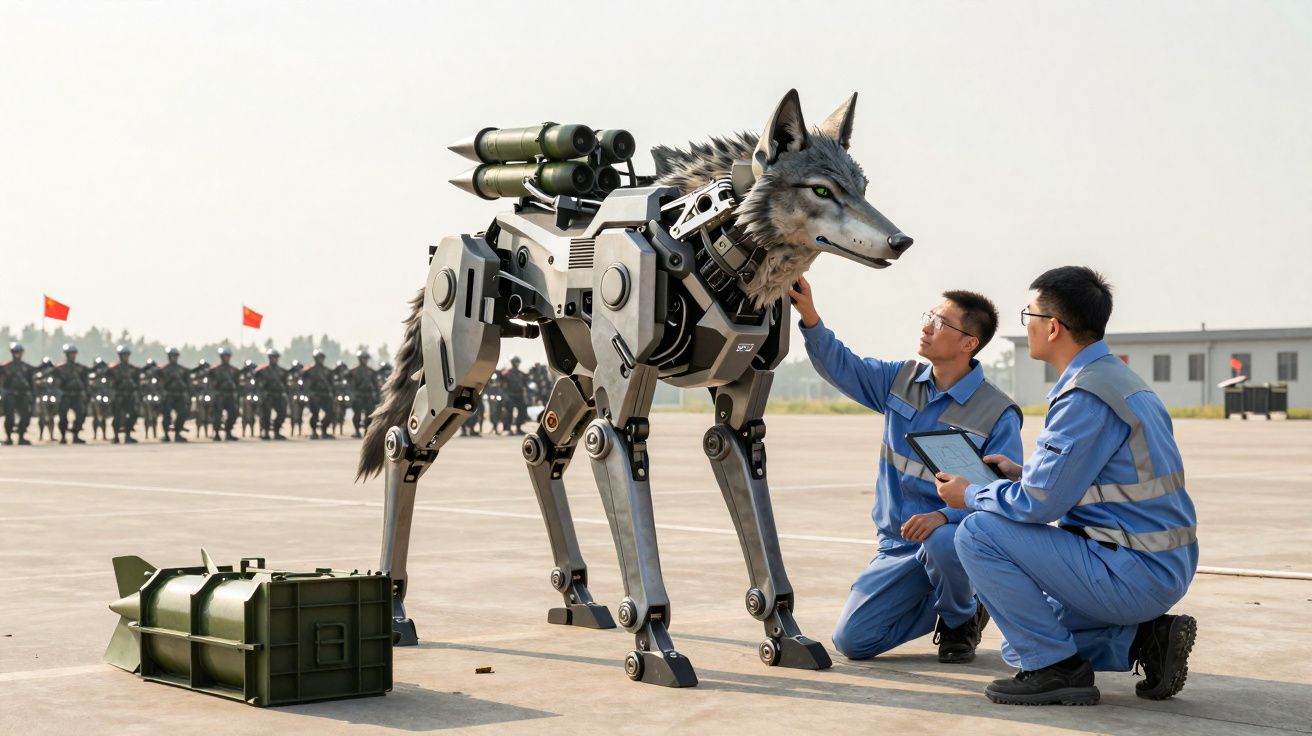 Dois técnicos inspecionam um robô militar de quatro pernas com cabeça de lobo, equipado com armamento, numa base ao ar livre.