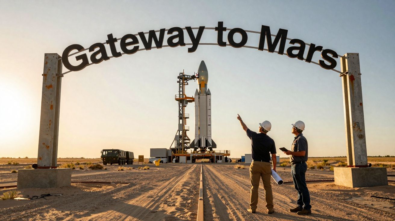 Dois engenheiros com capacetes em plataforma de lançamento ao ar livre, com foguete e arco "Gateway to Mars".
