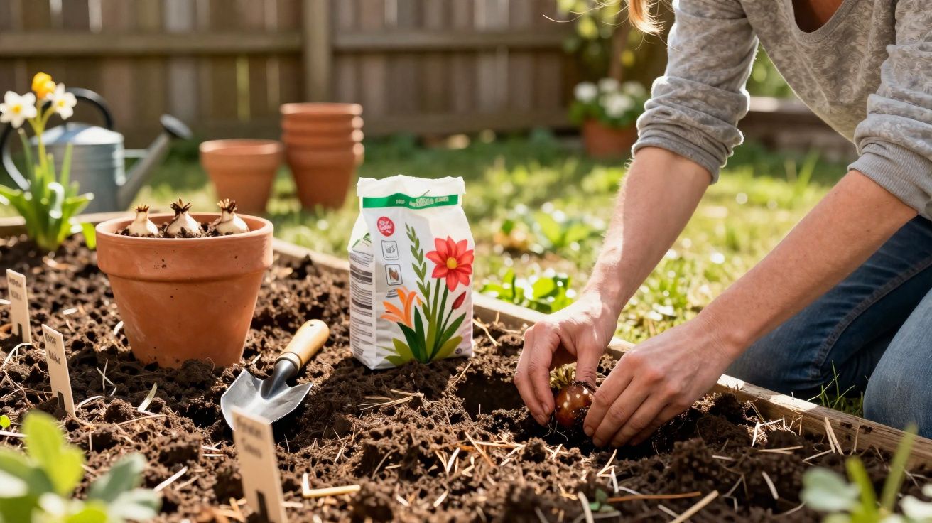 Pessoa a plantar bolbos de flor num canteiro de jardim com vasos, sacho e fertilizante.