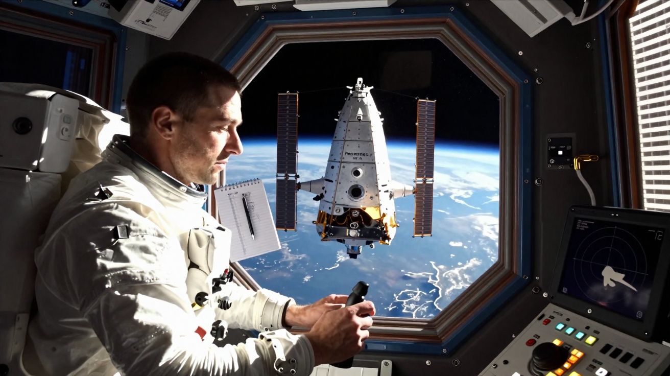 Astronauta dentro de estação espacial observando uma nave a flutuar no espaço com a Terra ao fundo.