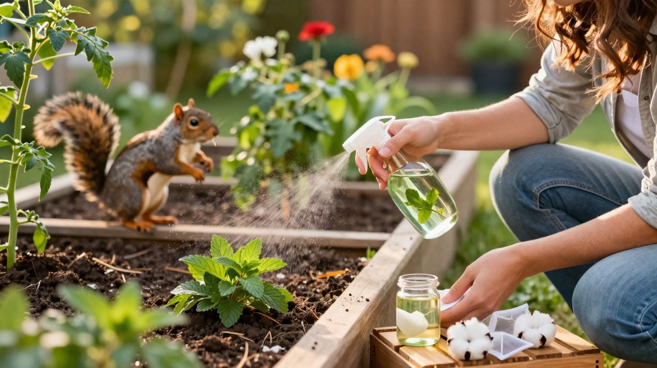 Pessoa a borrifar plantas num canteiro onde está uma esquila, num jardim com flores coloridas.